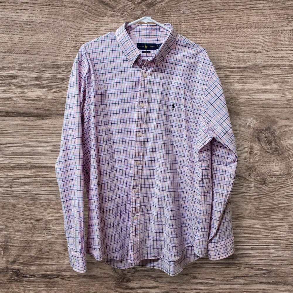 Polo Ralph‎ Lauren Men’s XL Blue Pink Plaid Check Long Sleeve Classic Fit Button
